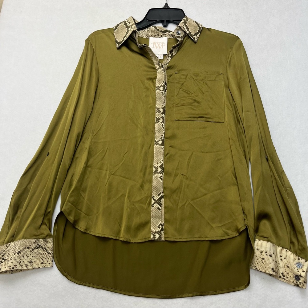 TWP Silk Snake High Low Long Sleeve Blouse Women's Sz XS Green Made in USA